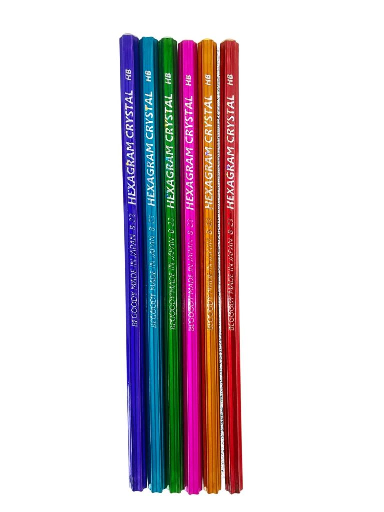 Close-up of HEXAGRAMU CRYSTAL hexagram-shaped pencil ends, made in Japan